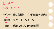 北山浩子　35歳：イタリア　before銀行勤務後、パン教室講師を経験　スクールインターン1年間　after現地に残り、研修を延長中