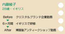 内藤綾子　28歳：イギリス(オークションハウス)　beforeクリスタルブランド企業勤務　イギリスで研修（6ヶ月間）　after帰国後アンティークショップ勤務