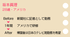 坂本眞理　28歳：アメリカ(テレビ局)　before新聞社に記者として勤務　アメリカで研修　1年間　after帰国後は日本のテレビ局勤務を希望