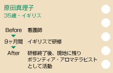 原田真理子　35歳：イギリス(アロマテラピー)　before看護師　イギリスで研修（9ヶ月間）　after研修終了後、現地に残り ボランティア・アロマテラ ピストとして活動